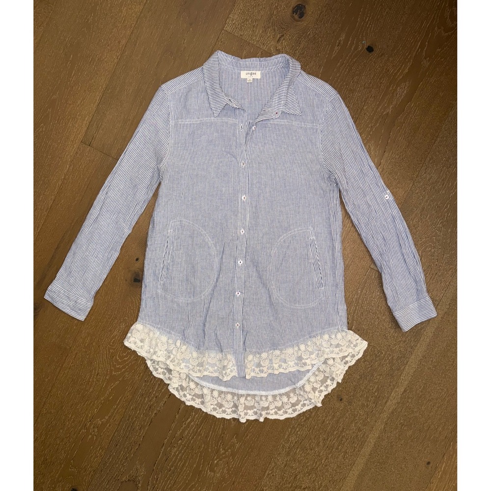 Umgee USA Womens Blue White Striped Lace Trim Button Down‎ Tunic Shirt Medium